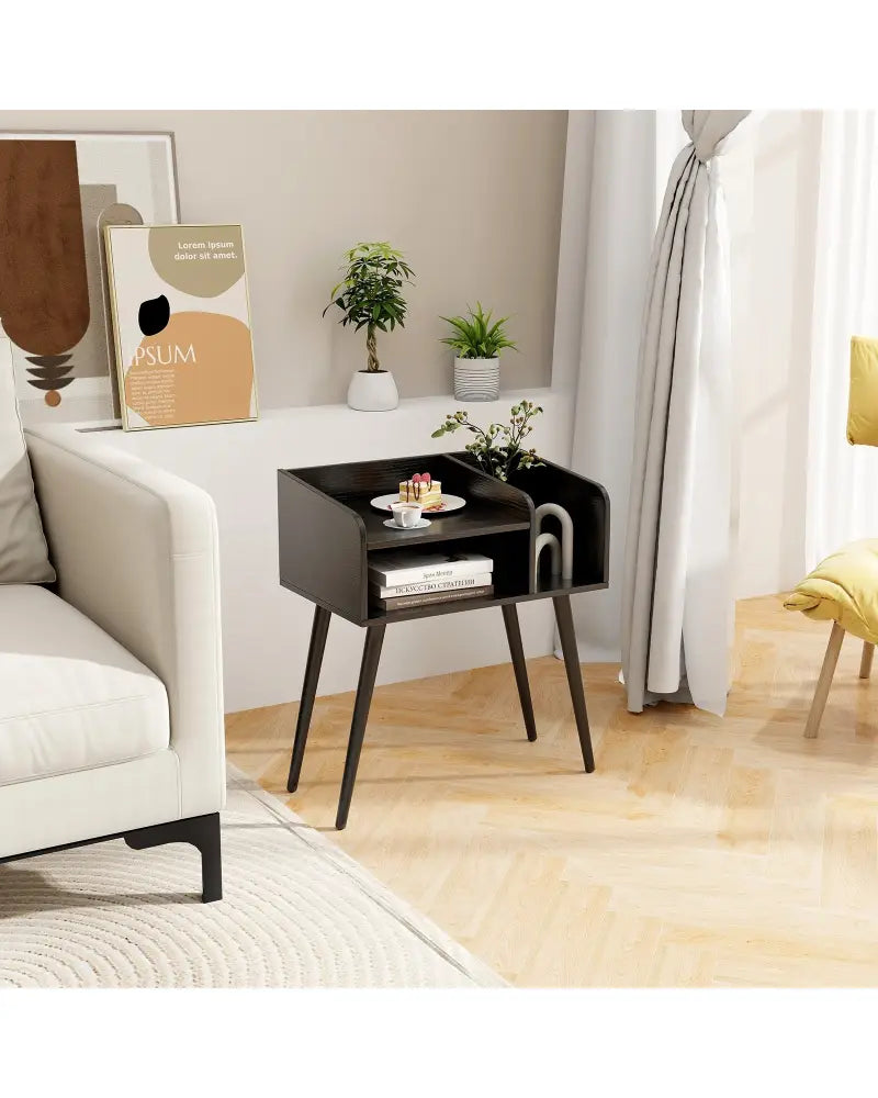 Mid Century Modern Nightstand with Open Shelves-Black - Black - Nightstands