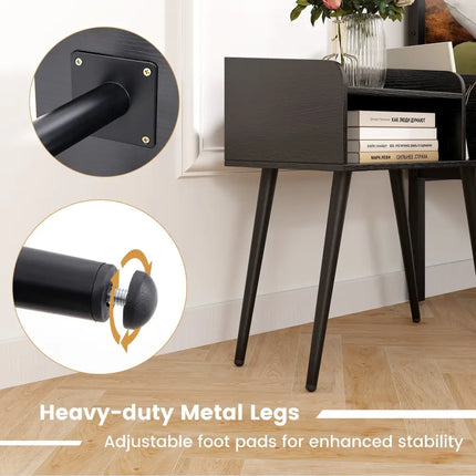 Mid Century Modern Nightstand with Open Shelves-Black - Black - Nightstands