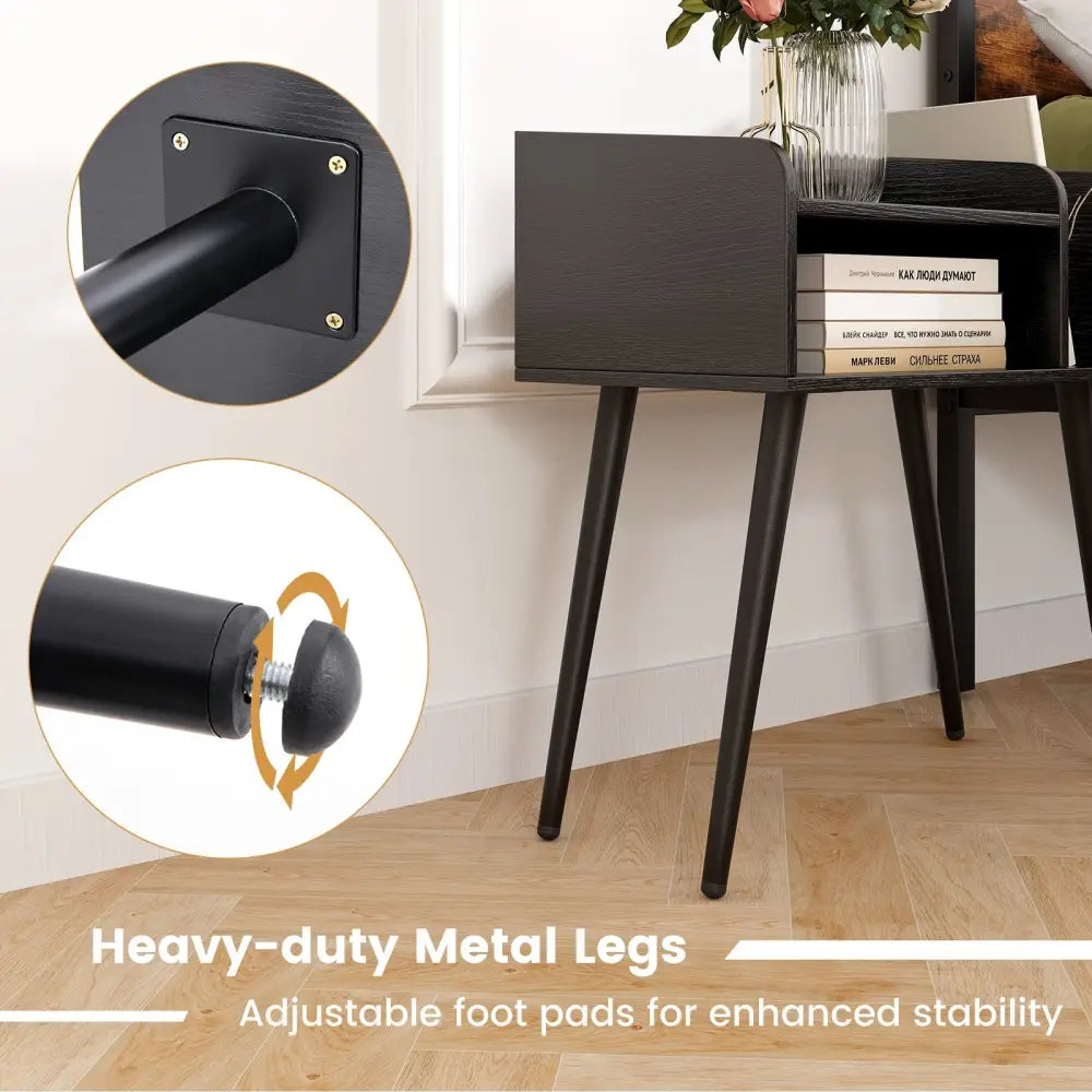 Mid Century Modern Nightstand with Open Shelves-Black - Black - Nightstands