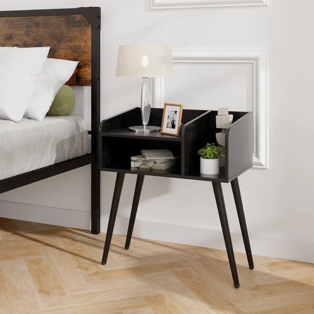 Mid Century Modern Nightstand with Open Shelves-Black - Black - Nightstands