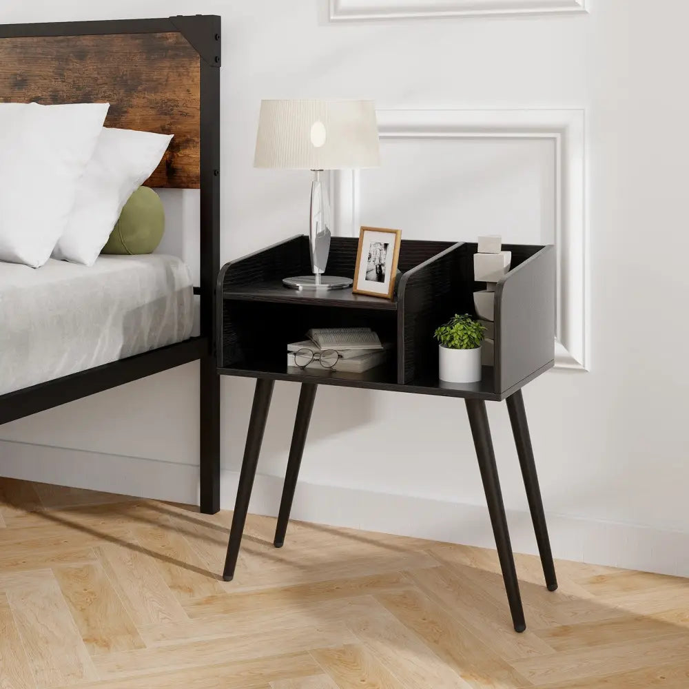 Mid Century Modern Nightstand with Open Shelves-Black - Black - Nightstands