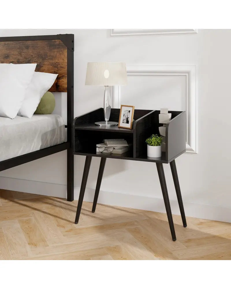 Mid Century Modern Nightstand with Open Shelves-Black - Black - Nightstands