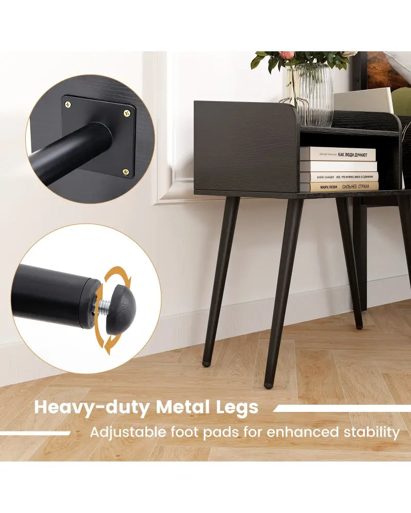 Mid Century Modern Nightstand with Open Shelves-Black - Black - Nightstands