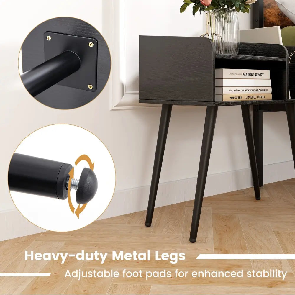 Mid Century Modern Nightstand with Open Shelves-Black - Black - Nightstands