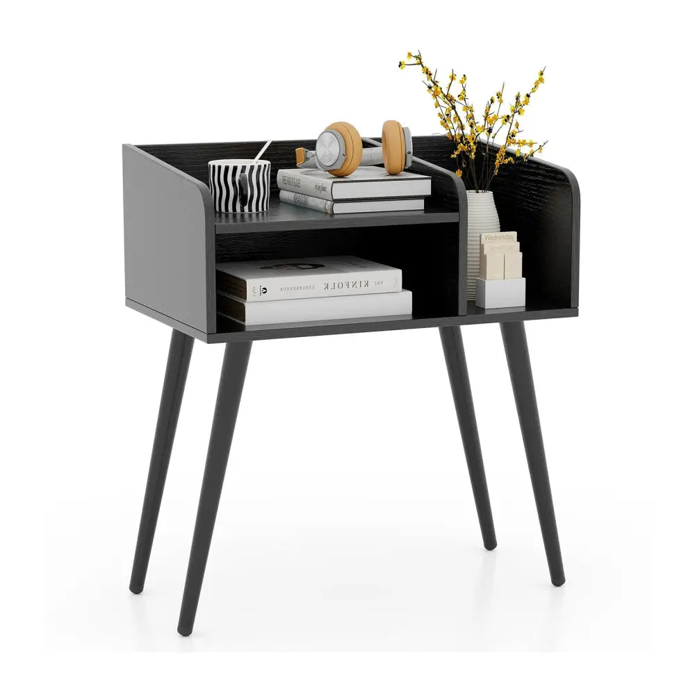 Mid Century Modern Nightstand with Open Shelves-Black - Black - Nightstands