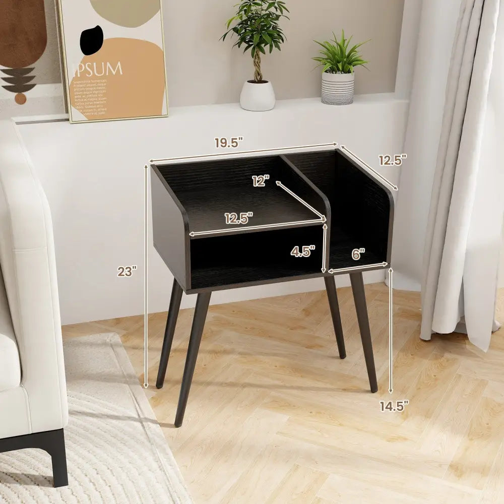 Mid Century Modern Nightstand with Open Shelves-Black - Black - Nightstands
