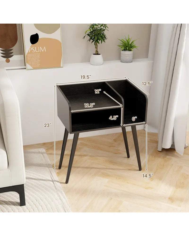 Mid Century Modern Nightstand with Open Shelves-Black - Black - Nightstands