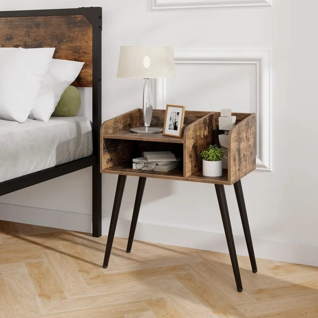 Mid Century Modern Nightstand with Open Shelves-Brown - Brown - Nightstands