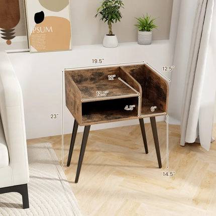 Mid Century Modern Nightstand with Open Shelves-Brown - Brown - Nightstands