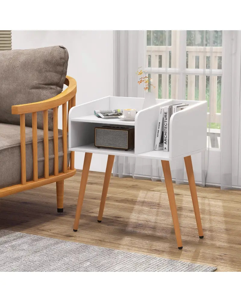 Mid Century Modern Nightstand with Open Shelves-White - White - Nightstands
