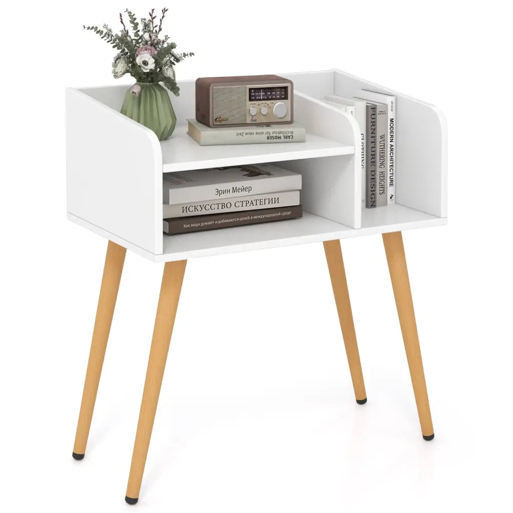 Mid Century Modern Nightstand with Open Shelves-White - White - Nightstands