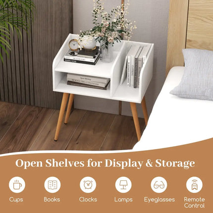 Mid Century Modern Nightstand with Open Shelves-White - White - Nightstands