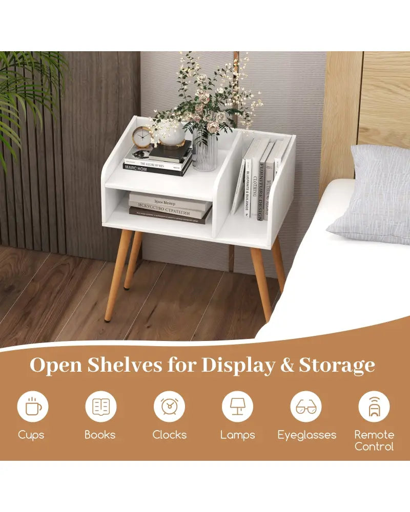 Mid Century Modern Nightstand with Open Shelves-White - White - Nightstands