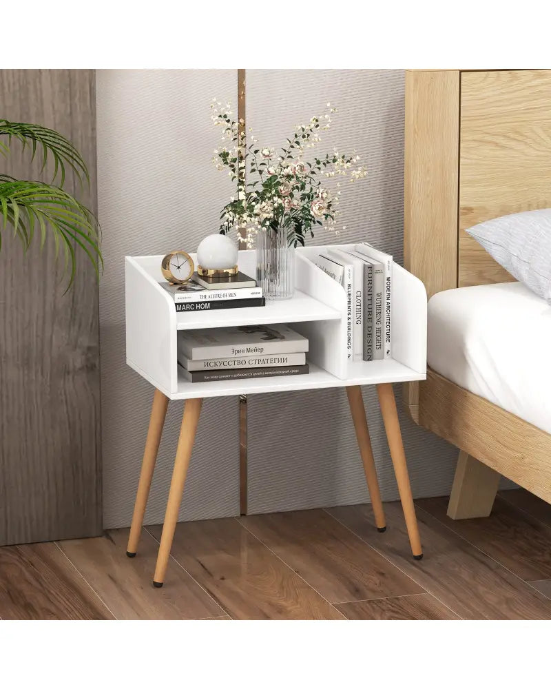 Mid Century Modern Nightstand with Open Shelves-White - White - Nightstands