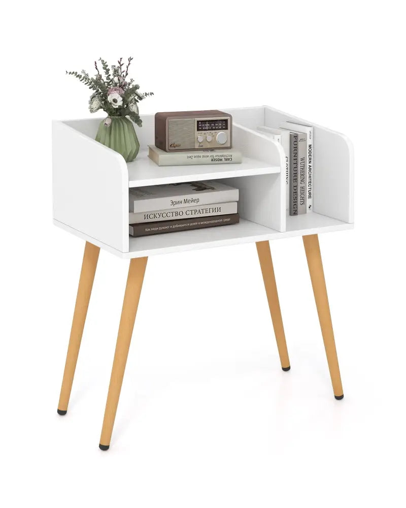 Mid Century Modern Nightstand with Open Shelves-White - White - Nightstands
