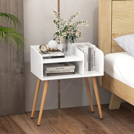 Mid Century Modern Nightstand with Open Shelves-White - White - Nightstands