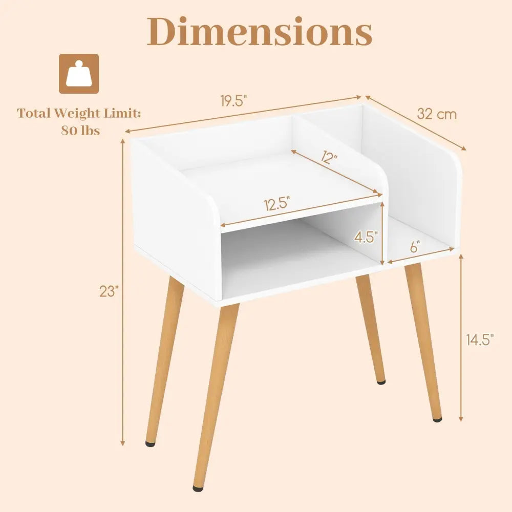 Mid Century Modern Nightstand with Open Shelves-White - White - Nightstands