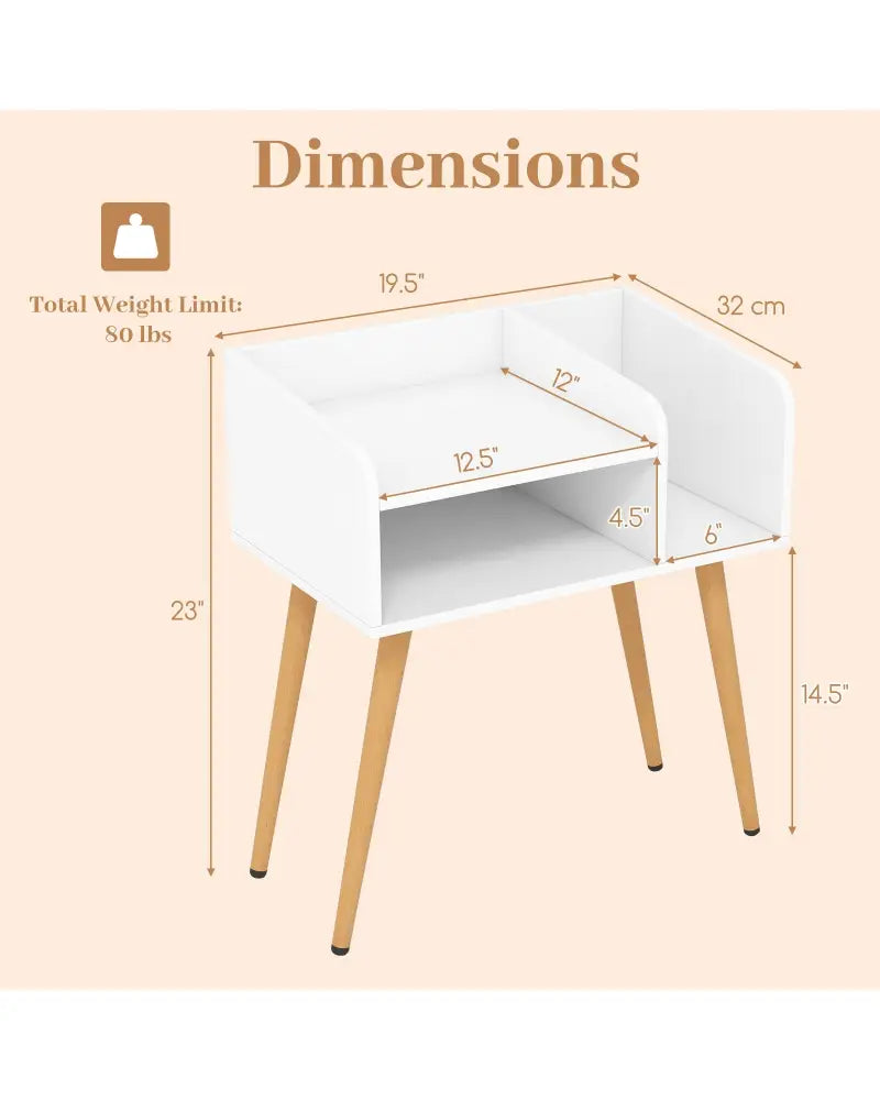 Mid Century Modern Nightstand with Open Shelves-White - White - Nightstands
