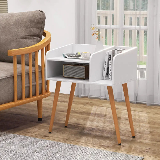 Mid Century Modern Nightstand with Open Shelves-White - White - Nightstands