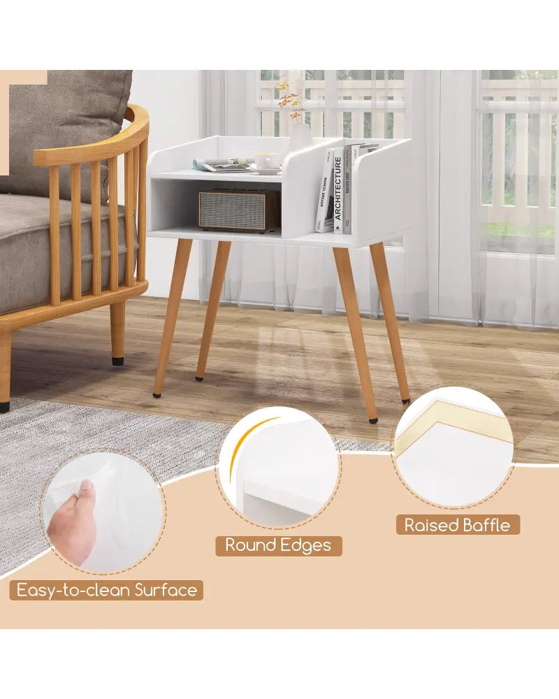 Mid Century Modern Nightstand with Open Shelves-White - White - Nightstands