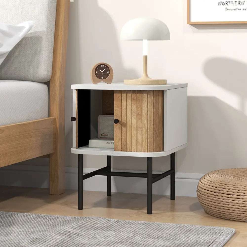 Mid-century Modern Nightstand with Sliding Doors and Storage Cabinet-White - White - Nightstands