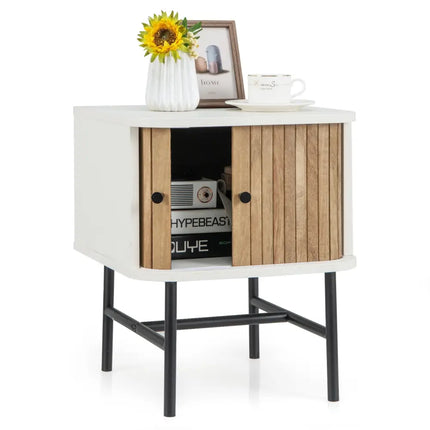 Mid-century Modern Nightstand with Sliding Doors and Storage Cabinet-White - White - Nightstands