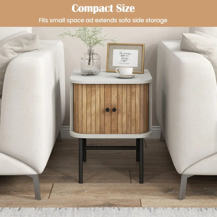Mid-century Modern Nightstand with Sliding Doors and Storage Cabinet-White - White - Nightstands