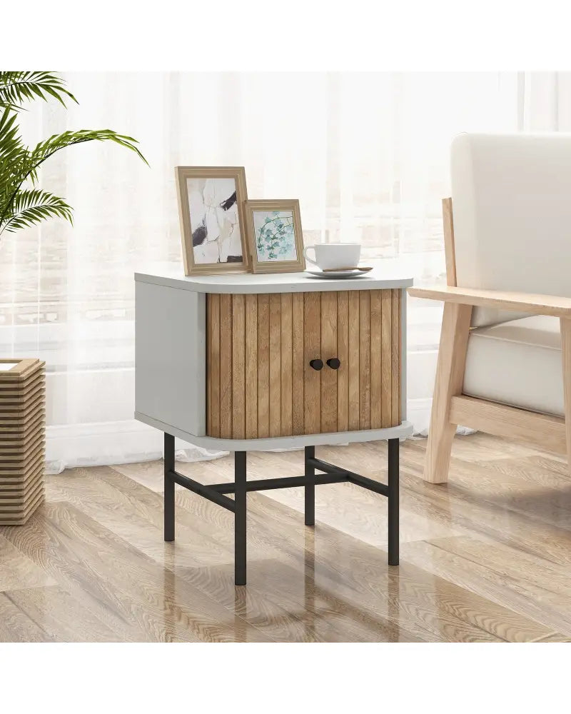 Mid-century Modern Nightstand with Sliding Doors and Storage Cabinet-White - White - Nightstands