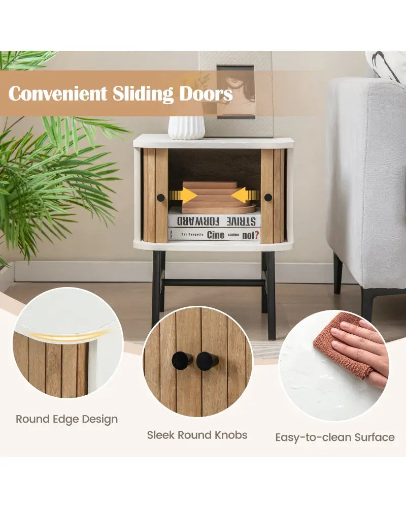 Mid-century Modern Nightstand with Sliding Doors and Storage Cabinet-White - White - Nightstands