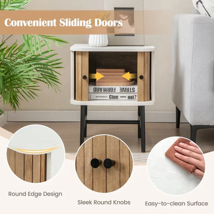 Mid-century Modern Nightstand with Sliding Doors and Storage Cabinet-White - White - Nightstands