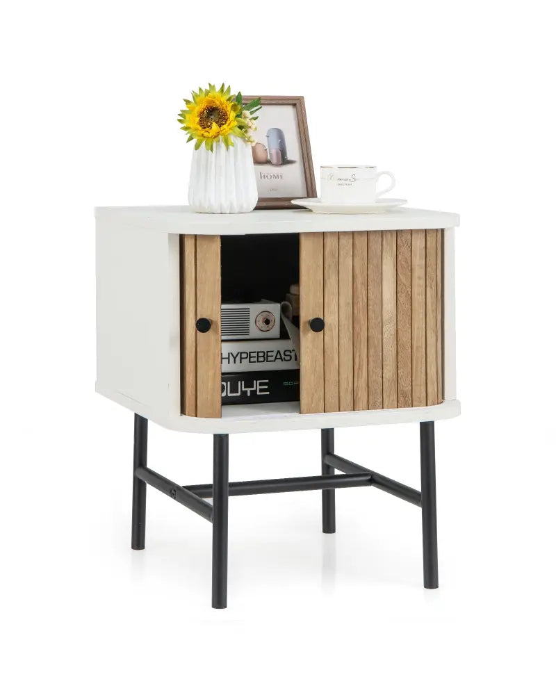 Mid-century Modern Nightstand with Sliding Doors and Storage Cabinet-White - White - Nightstands