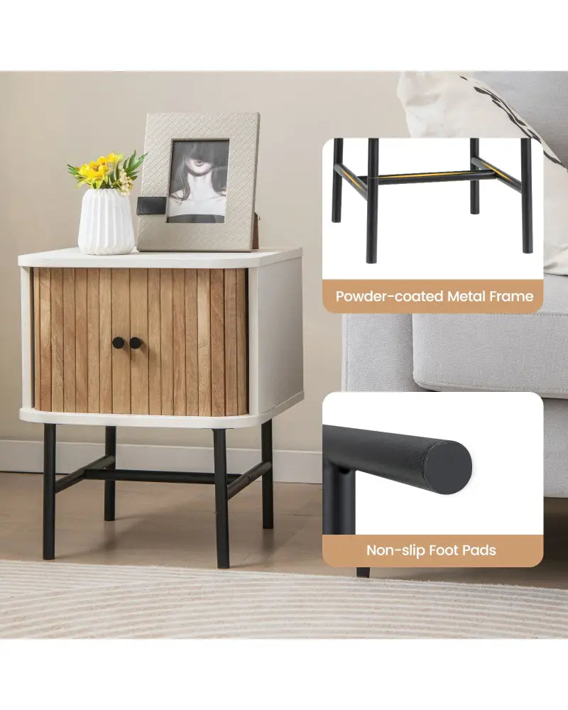 Mid-century Modern Nightstand with Sliding Doors and Storage Cabinet-White - White - Nightstands