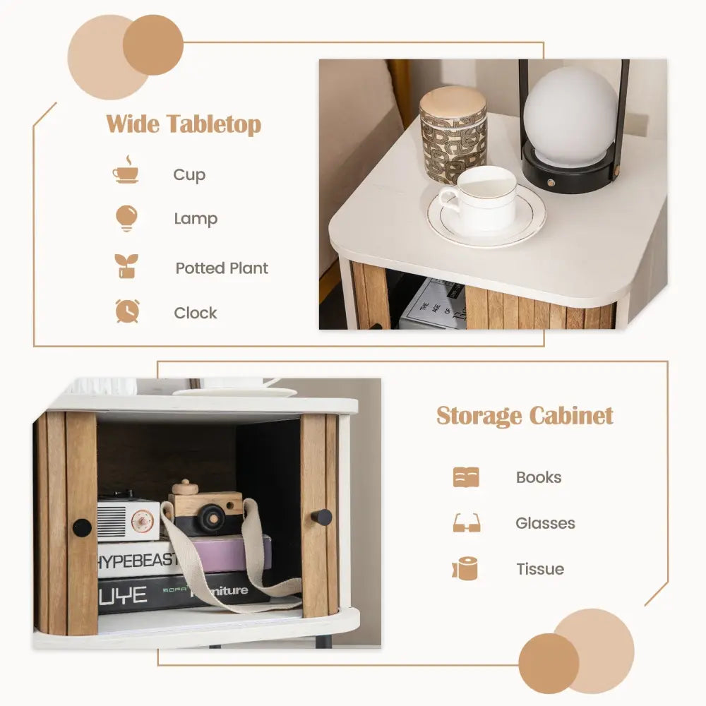 Mid-century Modern Nightstand with Sliding Doors and Storage Cabinet-White - White - Nightstands