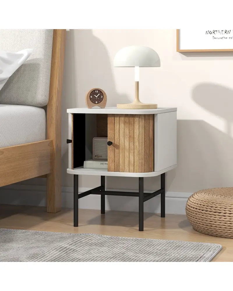 Mid-century Modern Nightstand with Sliding Doors and Storage Cabinet-White - White - Nightstands