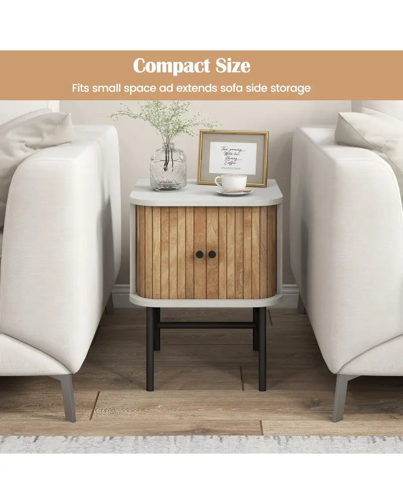 Mid-century Modern Nightstand with Sliding Doors and Storage Cabinet-White - White - Nightstands