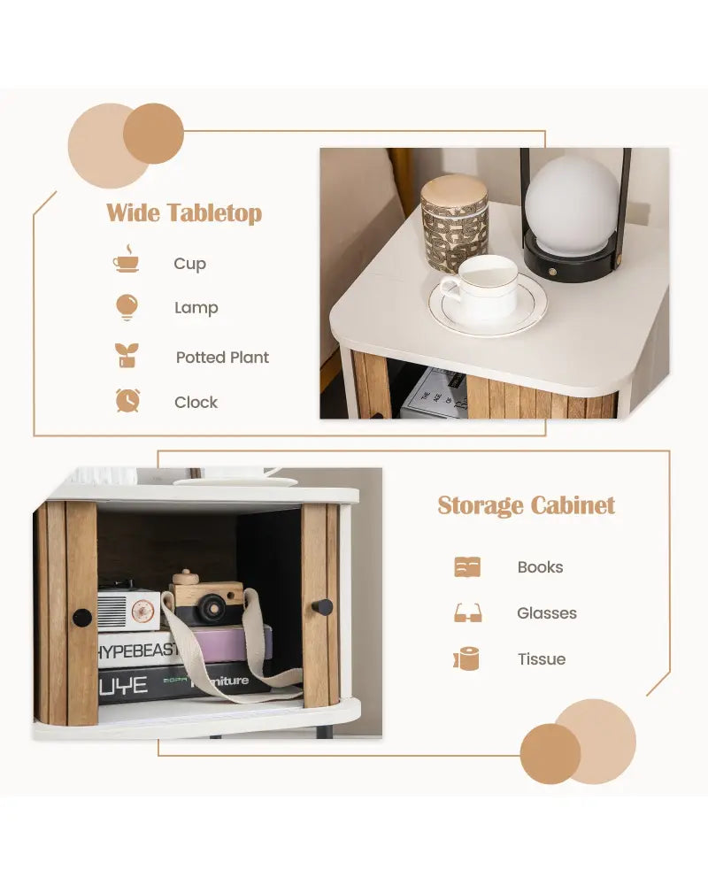 Mid-century Modern Nightstand with Sliding Doors and Storage Cabinet-White - White - Nightstands
