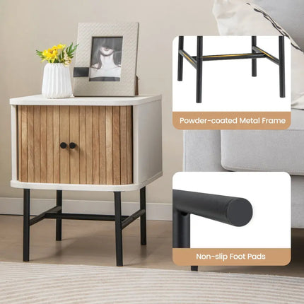 Mid-century Modern Nightstand with Sliding Doors and Storage Cabinet-White - White - Nightstands