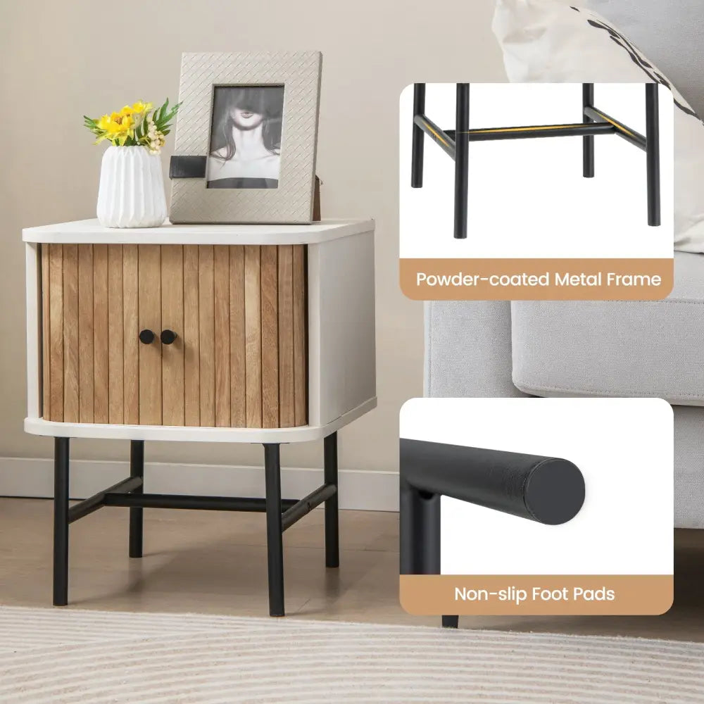 Mid-century Modern Nightstand with Sliding Doors and Storage Cabinet-White - White - Nightstands