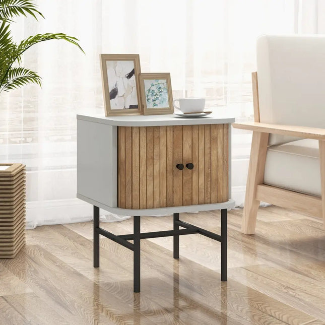 Mid-century Modern Nightstand with Sliding Doors and Storage Cabinet-White - White - Nightstands