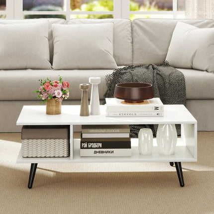 Mid Century Modern Rectangle Coffee Table 2-Tier Accent Table with 2 Open Compartments-White - White - Coffee Tables