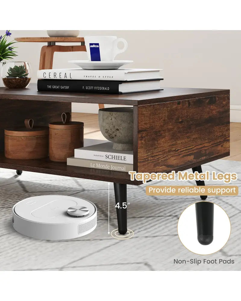 Mid Century Modern Rectangle Coffee Table 2-Tier Accent Table with 2 Open Compartments-Rustic Brown - Rustic Brown