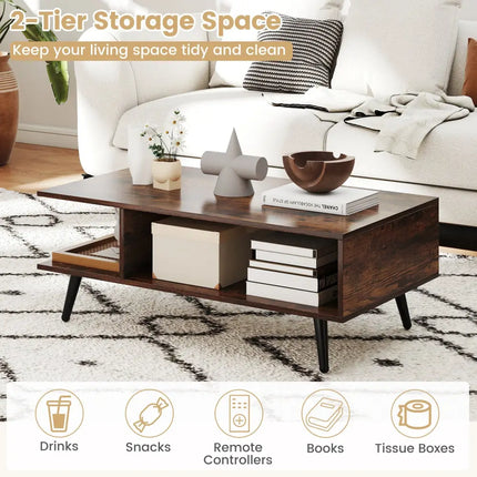 Mid Century Modern Rectangle Coffee Table 2-Tier Accent Table with 2 Open Compartments-Rustic Brown - Rustic Brown