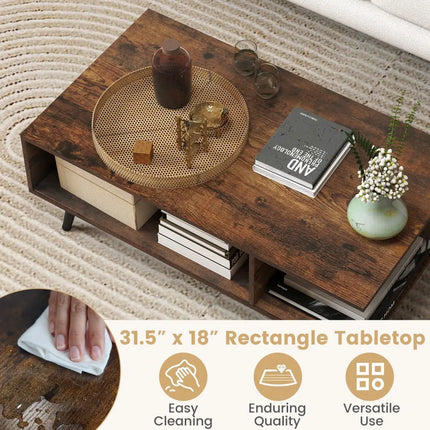 Mid Century Modern Rectangle Coffee Table 2-Tier Accent Table with 2 Open Compartments-Rustic Brown - Rustic Brown
