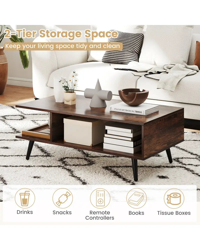 Mid Century Modern Rectangle Coffee Table 2-Tier Accent Table with 2 Open Compartments-Rustic Brown - Rustic Brown