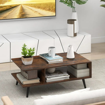 Mid Century Modern Rectangle Coffee Table 2-Tier Accent Table with 2 Open Compartments-Rustic Brown - Rustic Brown