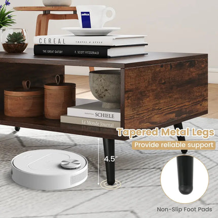 Mid Century Modern Rectangle Coffee Table 2-Tier Accent Table with 2 Open Compartments-Rustic Brown - Rustic Brown
