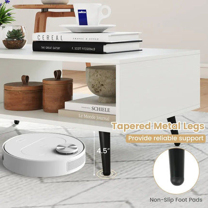 Mid Century Modern Rectangle Coffee Table 2-Tier Accent Table with 2 Open Compartments-White - White - Coffee Tables