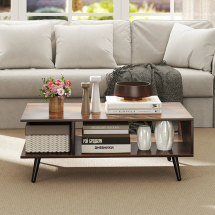 Mid Century Modern Rectangle Coffee Table 2-Tier Accent Table with 2 Open Compartments-Rustic Brown - Rustic Brown