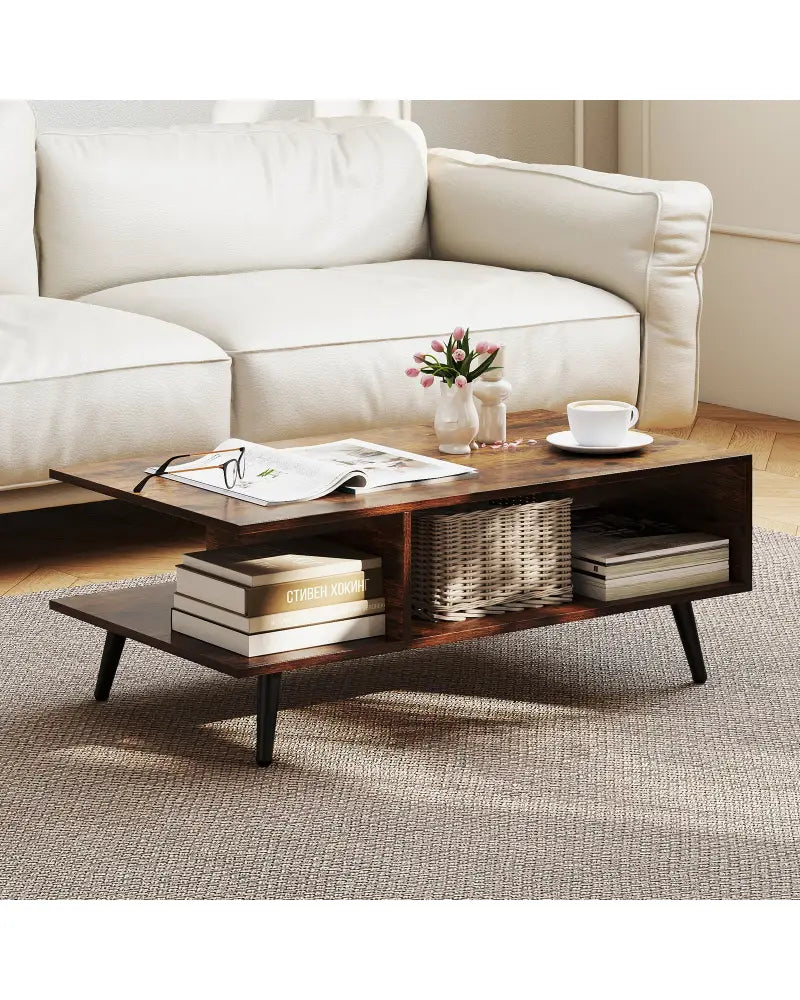 Mid Century Modern Rectangle Coffee Table 2-Tier Accent Table with 2 Open Compartments-Rustic Brown - Rustic Brown