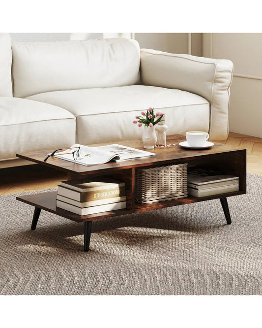 Mid Century Modern Rectangle Coffee Table 2-Tier Accent Table with 2 Open Compartments-Rustic Brown - Rustic Brown